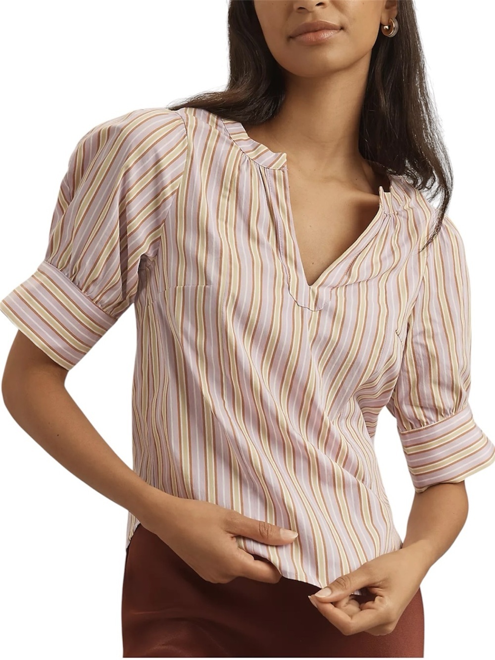NWT Anthropologie Maeve Puff-Sleeve V-Neck Blouse Yellow, White, Pink Size M